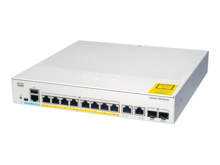 Switch Cisco Catalyst C1000-8T-E-2G-L-01 con 8 puertos Ethernet y 2 puertos Gigabit para redes empresariales