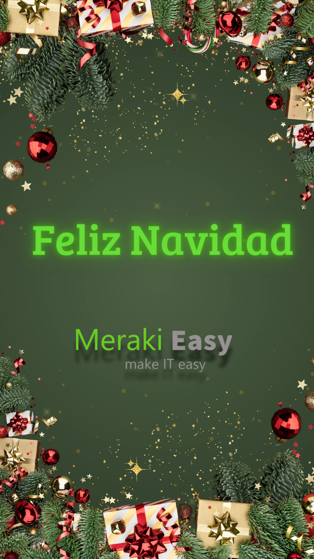 Feliz Navidad - Meraki Easy, decoración navideña con regalos, adornos y detalles festivos en fondo verde