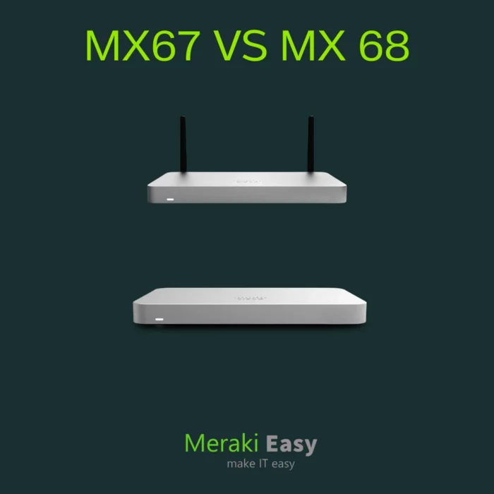 "Comparativa visual de Cisco Meraki MX67 vs MX68 por Meraki Easy."